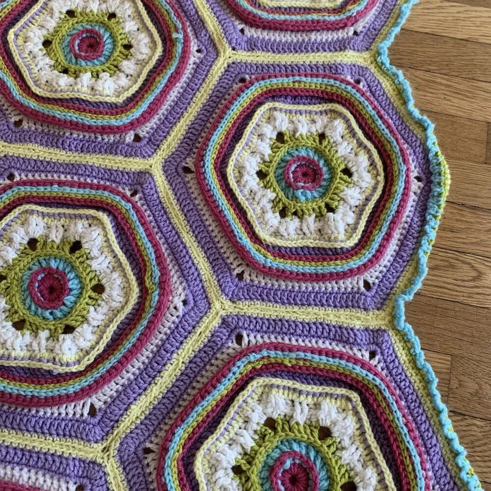 Granny Square Octagons Cotton Crocheted Afghan approx. 32x45” Multicolored Wheel